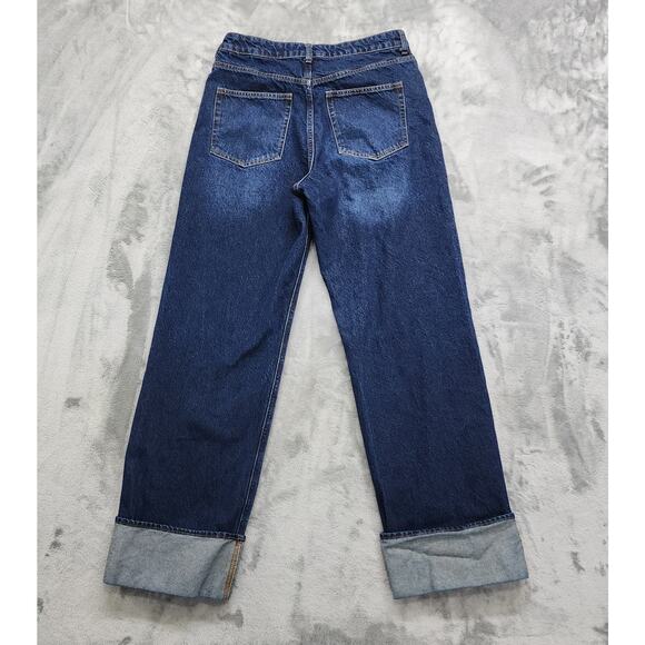 H&M Jeans Womens 10 Blue Dark Wash Straight-Cut Foldover-Cuff High Rise Cotton - Picture 2 of 10